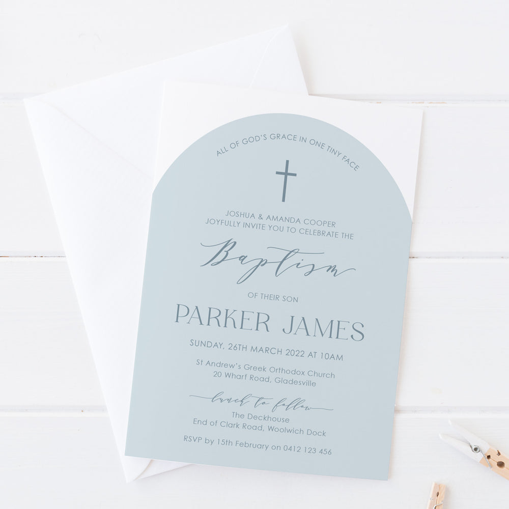 Minimal Girl or Boy Christening and Baptism invitation in modern arch shape and baby blue colours. Printed in Australia.