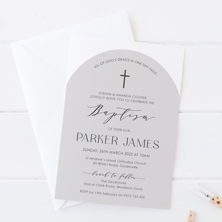 Minimal Girl or Boy Christening and Baptism invitation in modern arch shape and neutral grey colours. Printed in Australia.