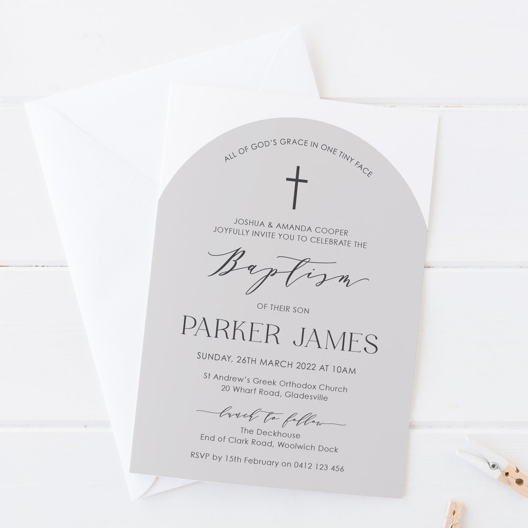 Minimal Girl or Boy Christening and Baptism invitation in modern arch shape and neutral grey colours. Printed in Australia.