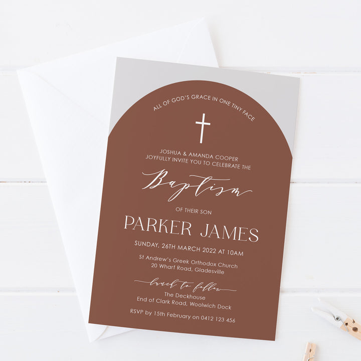 Minimal Girl or Boy Christening and Baptism invitation in modern arch shape and rust or terracotta colours. Printed in Australia.