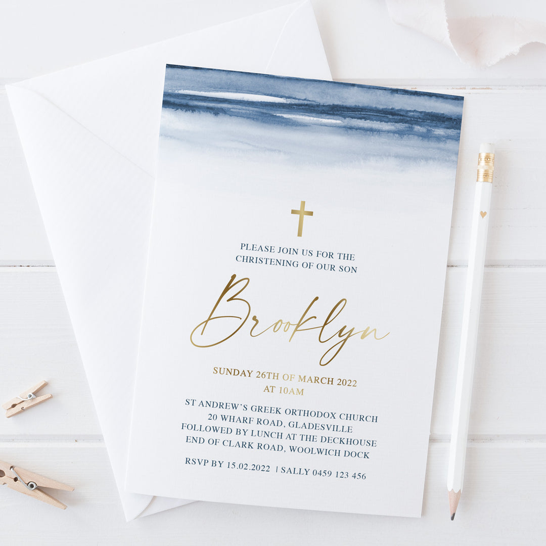 Navy blue watercolour and gold foil Christening or Baptism invitations designed and printed in Australia.