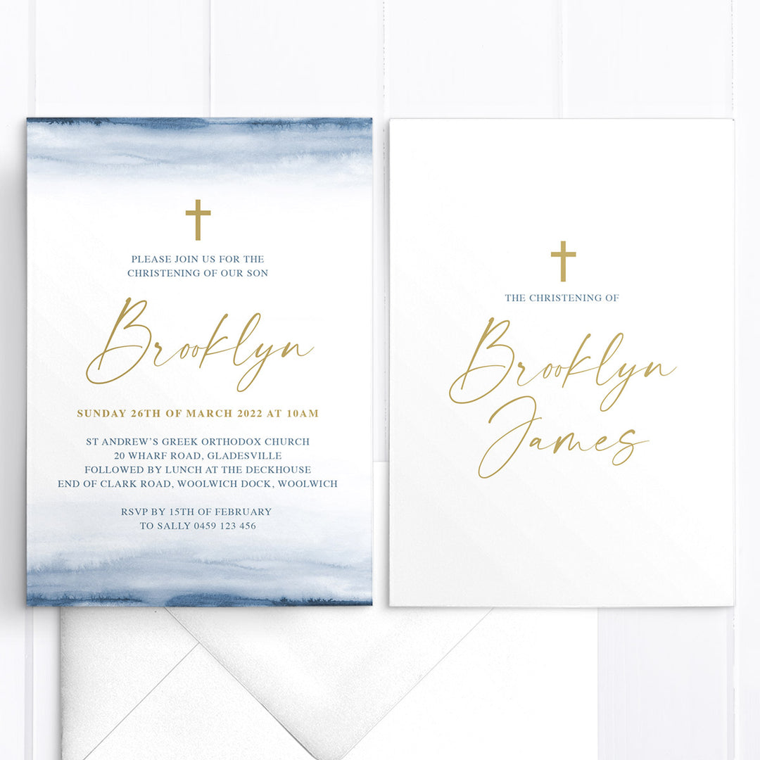 Baptism or christening invitation with navy blue background and gold cross and calligraphy, double sided and printed in Australia