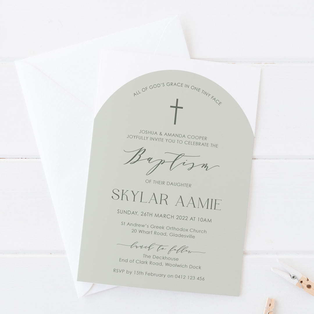 Minimal Girl or Boy Christening and Baptism invitation in modern arch shape and neutral green colours. Printed in Australia.