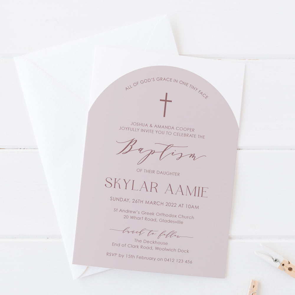 Minimal Girl or Boy Christening and Baptism invitation in modern arch shape and pink colours. Printed in Australia.