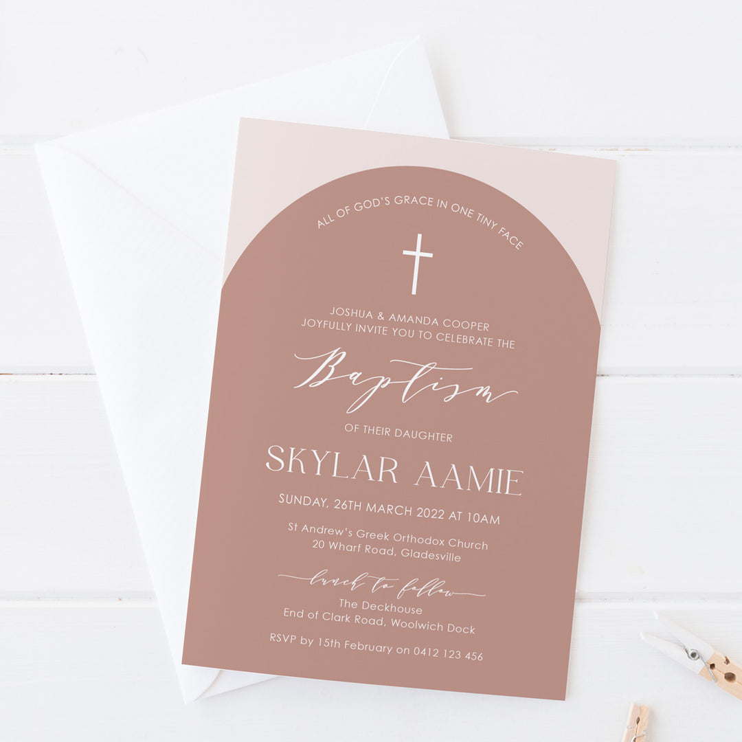 Minimal Girl or Boy Christening and Baptism invitation in modern arch shape and neutral soft peach colours. Printed in Australia.