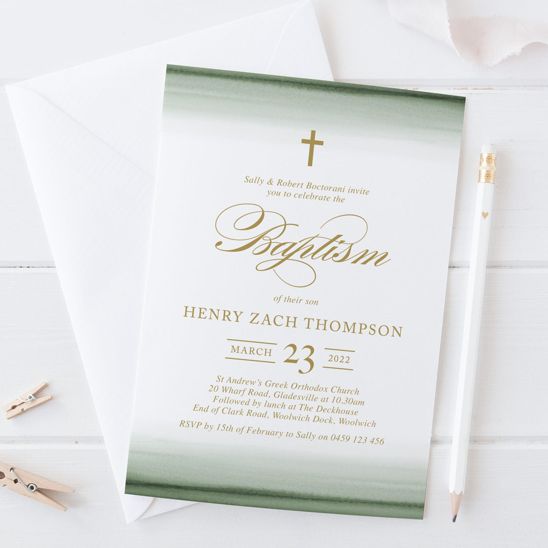 Baptism invitation with green watercolour wash and gold text in traditional style with calligraphy fonts, Australia
