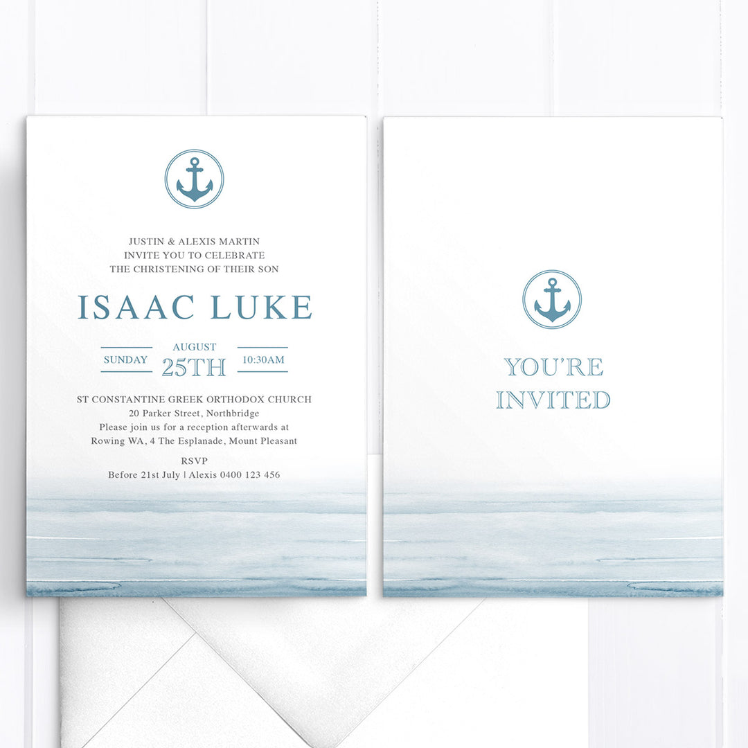 Modern Sailor Baptism or Christening invitation for little boy with blue and charcoal grey text, anchor and coastal blue watercolour background.