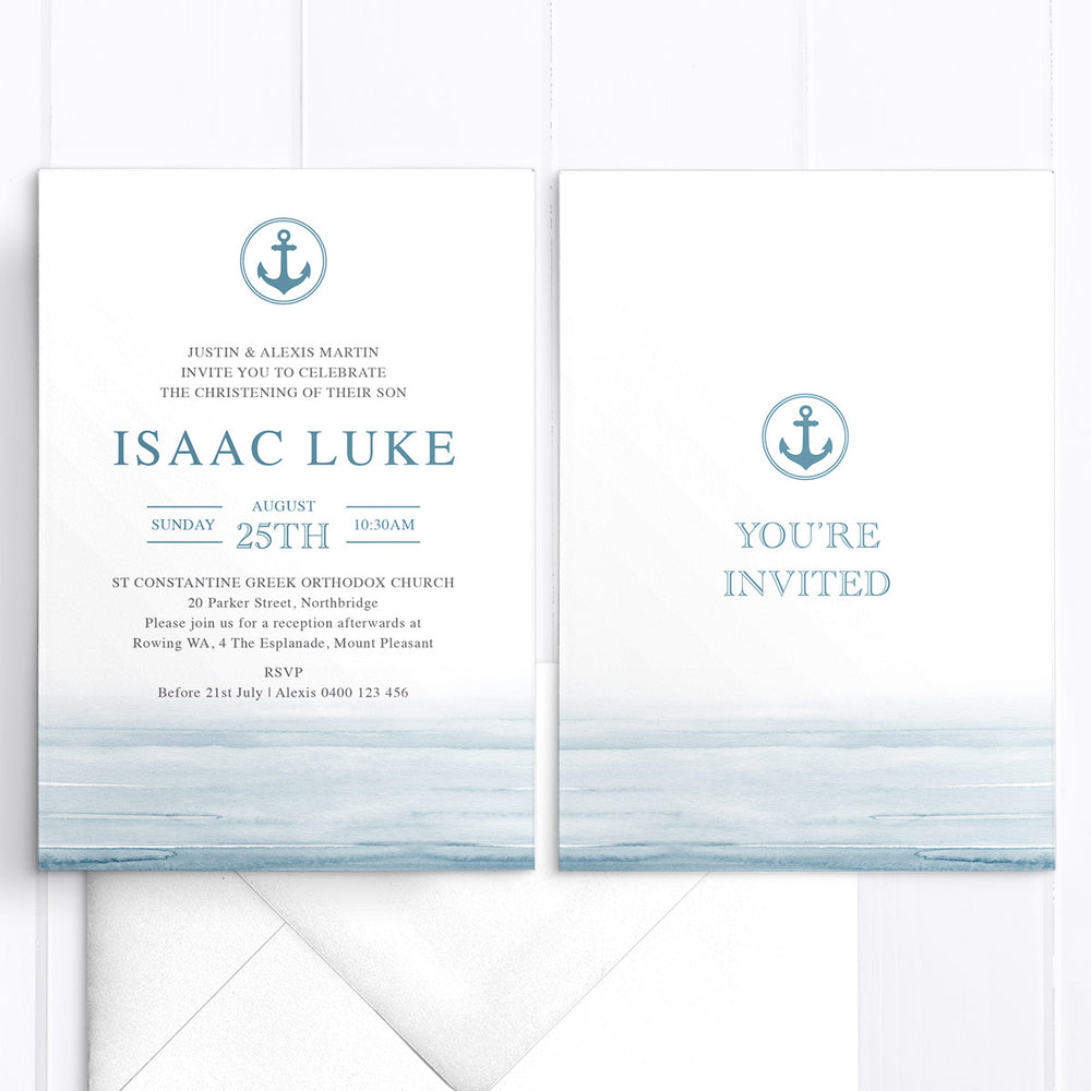 Modern Sailor Baptism or Christening invitation for little boy with blue and charcoal grey text, anchor and coastal blue watercolour background.