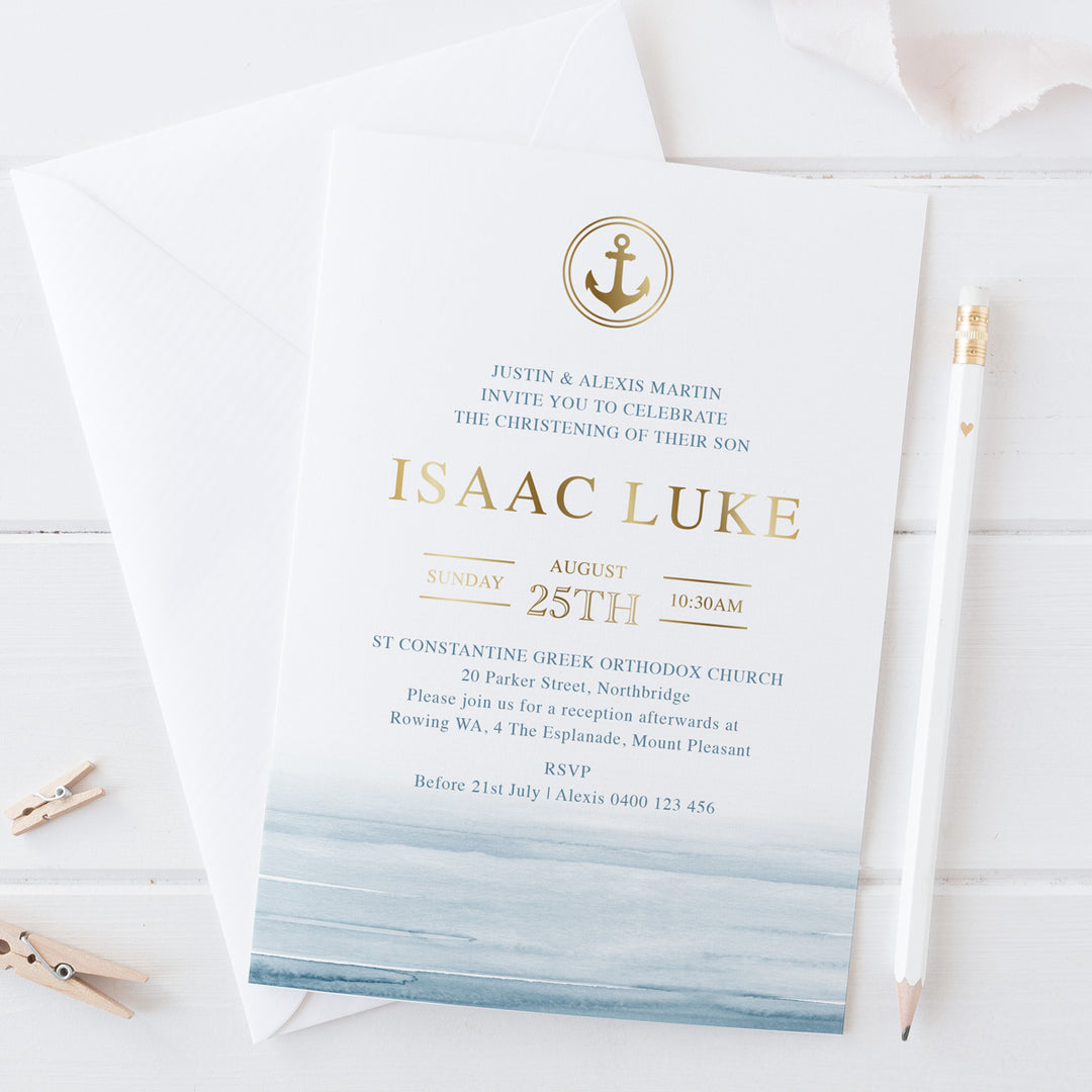 Modern Sailor Baptism or Christening invitation for little boy with gold foil, anchor at the top, and coastal blue watercolour background.