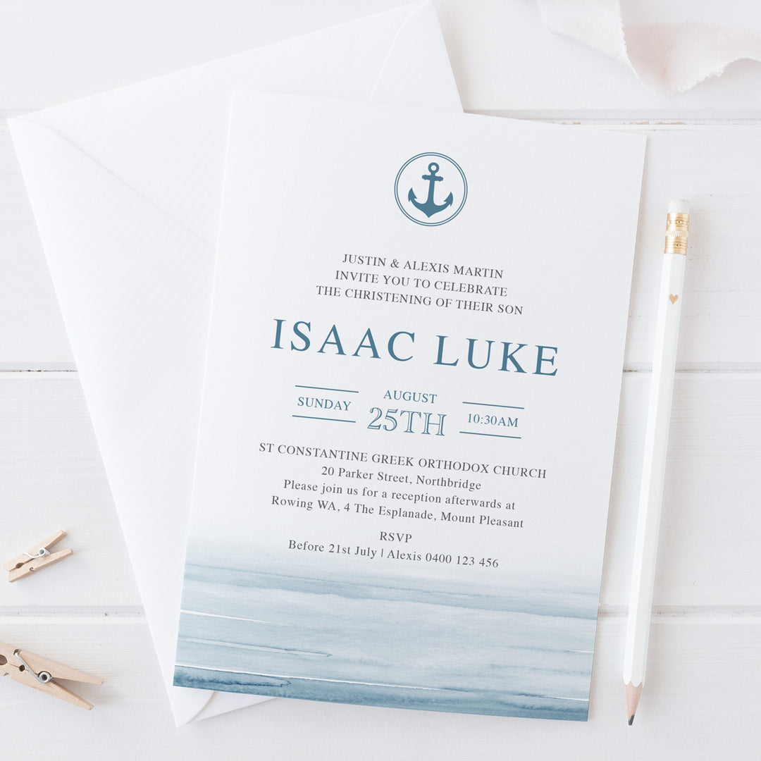 Modern Sailor Baptism or Christening invitation for little boy with blue and charcoal grey text, anchor and coastal blue watercolour background.