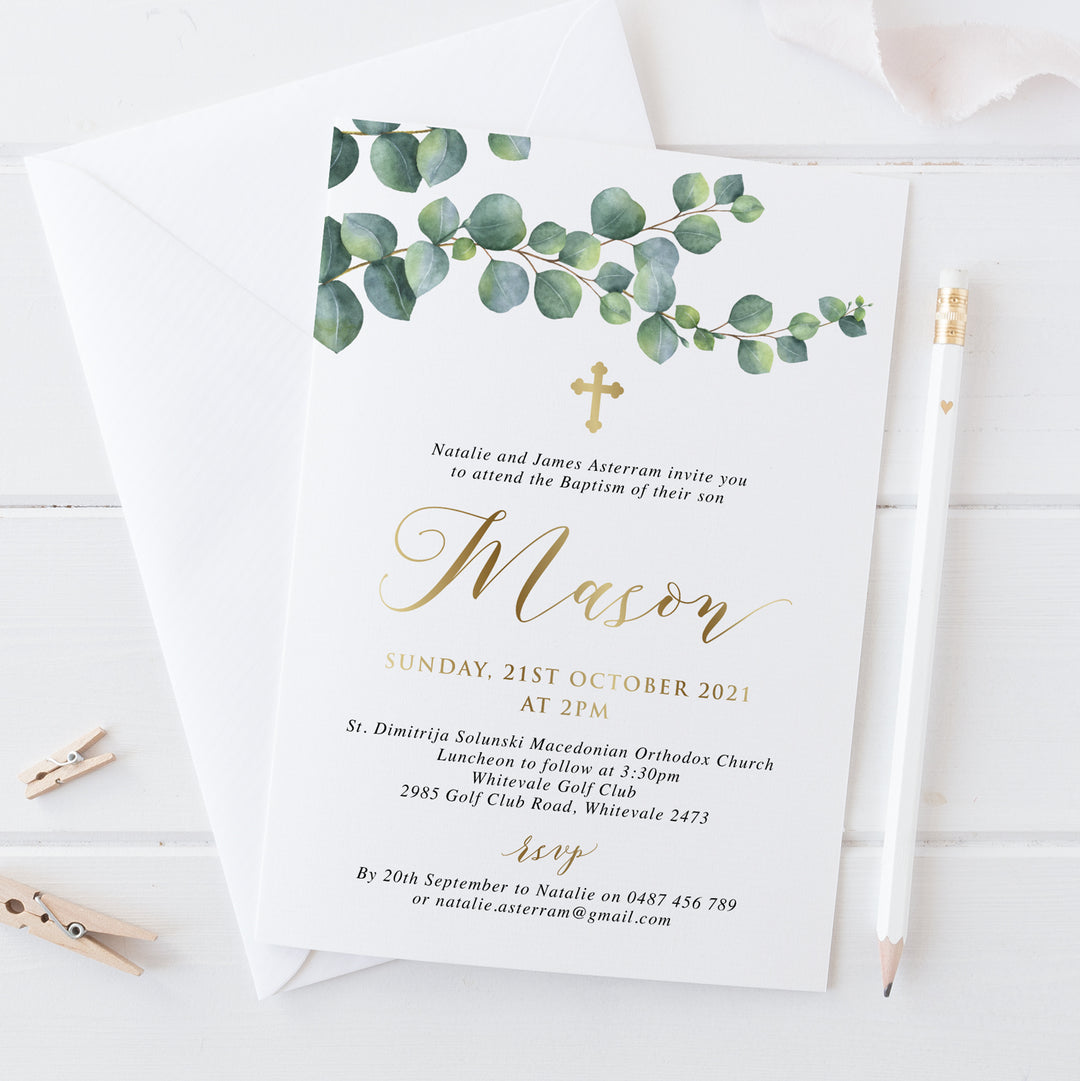 Baptism or Christening invitation with eucalyptus leaves and beautiful gold foil. Calligraphy font.