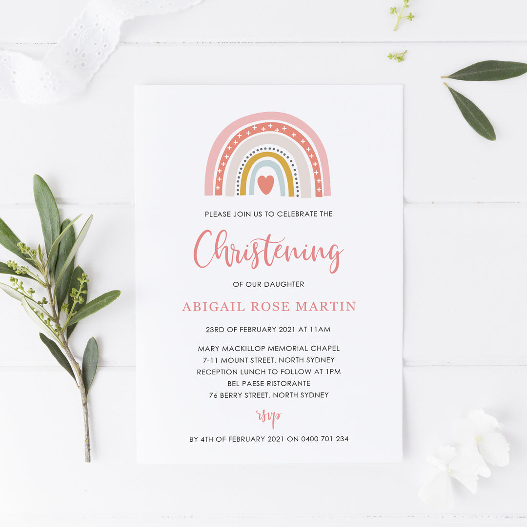 Baptism or Christening invitation with boho rainbow and modern script font, designed in Australia