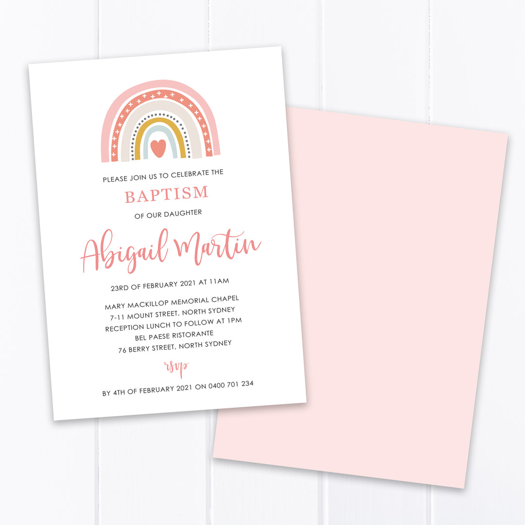 Baptism or Christening invitation with boho rainbow and modern script font, designed in Australia