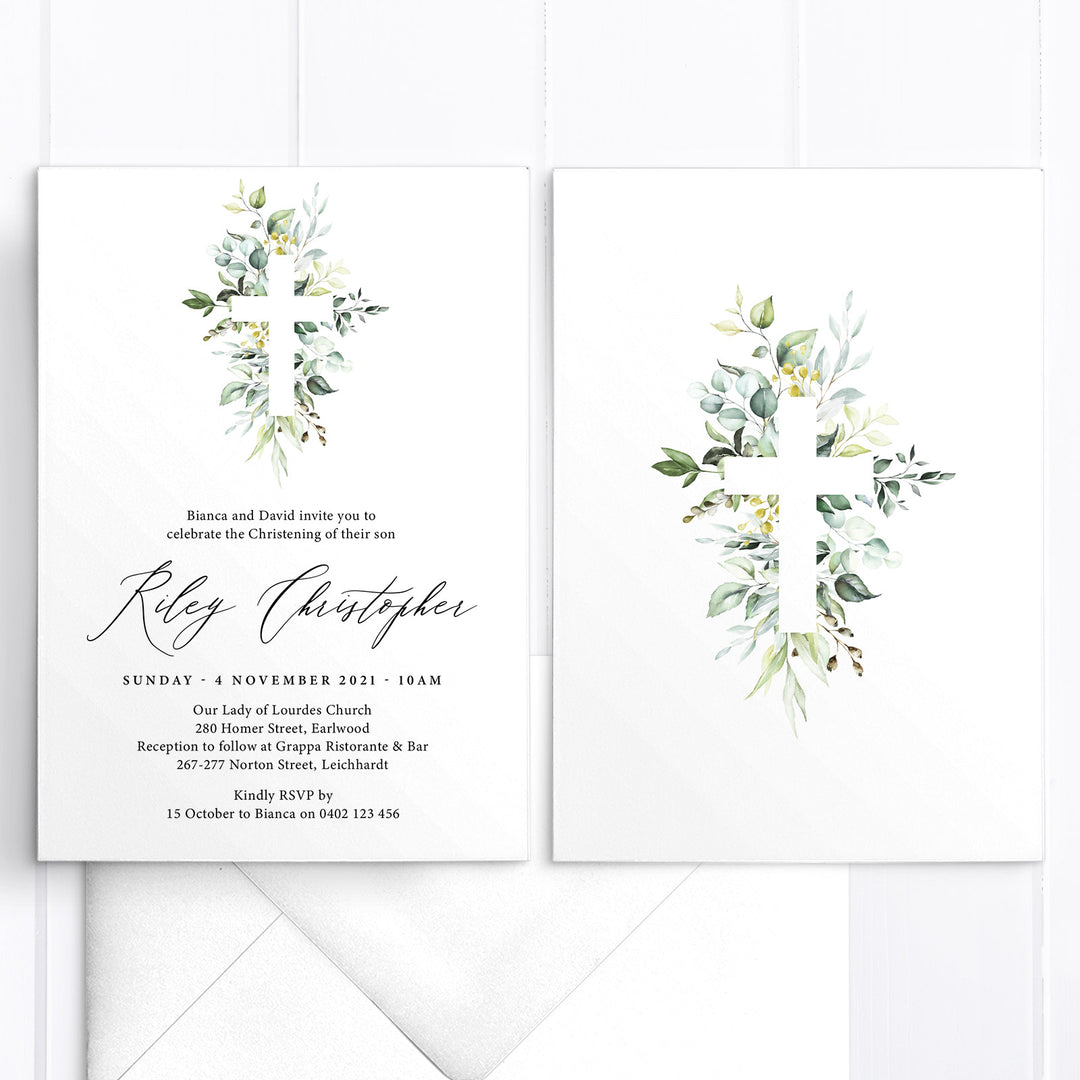 Boy Baptism and Christening invitation with beautiful detailed greenery cross and calligraphy for the name in black ink. Single or double sided invitations Australia and New Zealand.