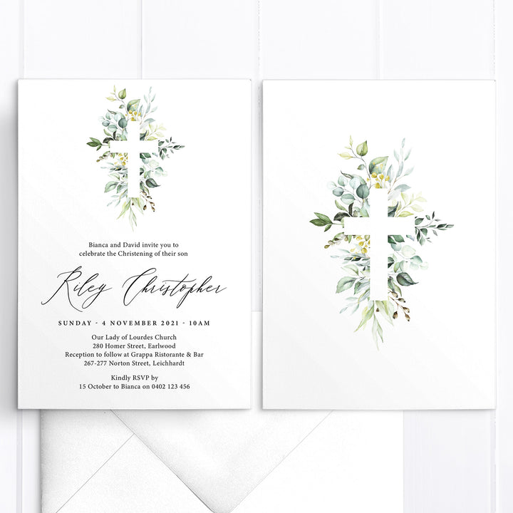 Boy Baptism and Christening invitation with beautiful detailed greenery cross and calligraphy for the name in black ink. Single or double sided invitations Australia and New Zealand.