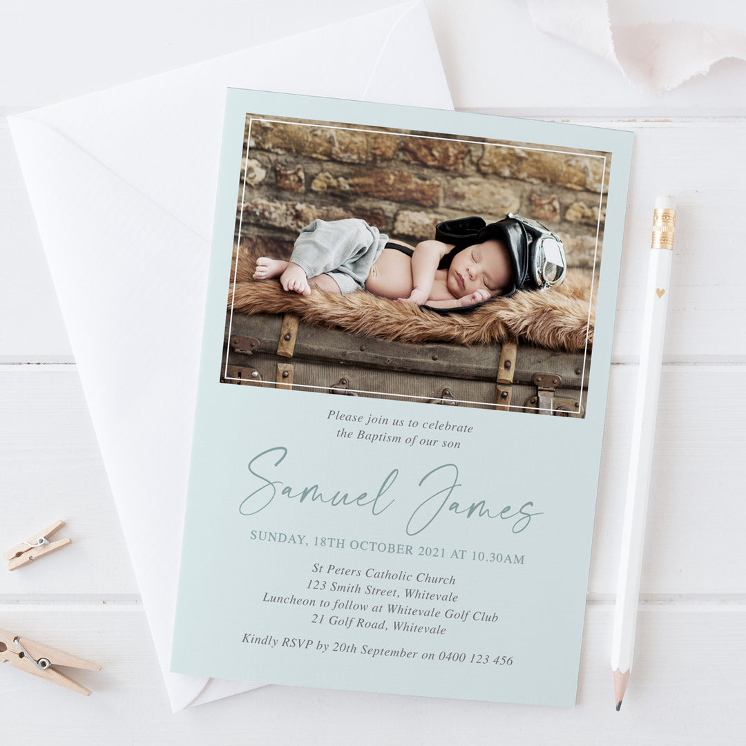 Boy Baptism or Christening invitation with a photo of your little boy at top and modern calligraphy font. Any colours to match photos. Australia and New Zealand.