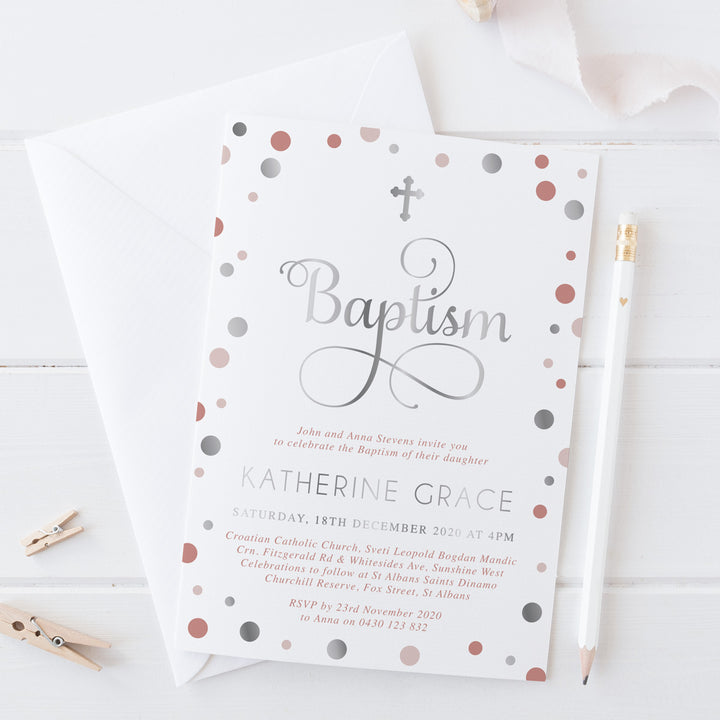 Girl baptism invitation with silver foil and calligraphy font Australia