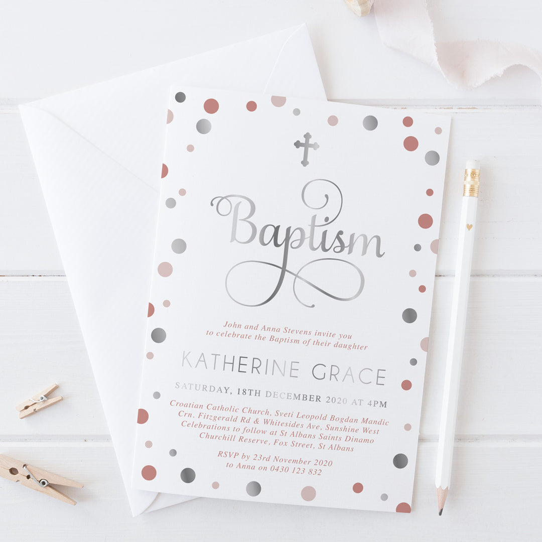 Girl baptism invitation with silver foil and calligraphy font Australia