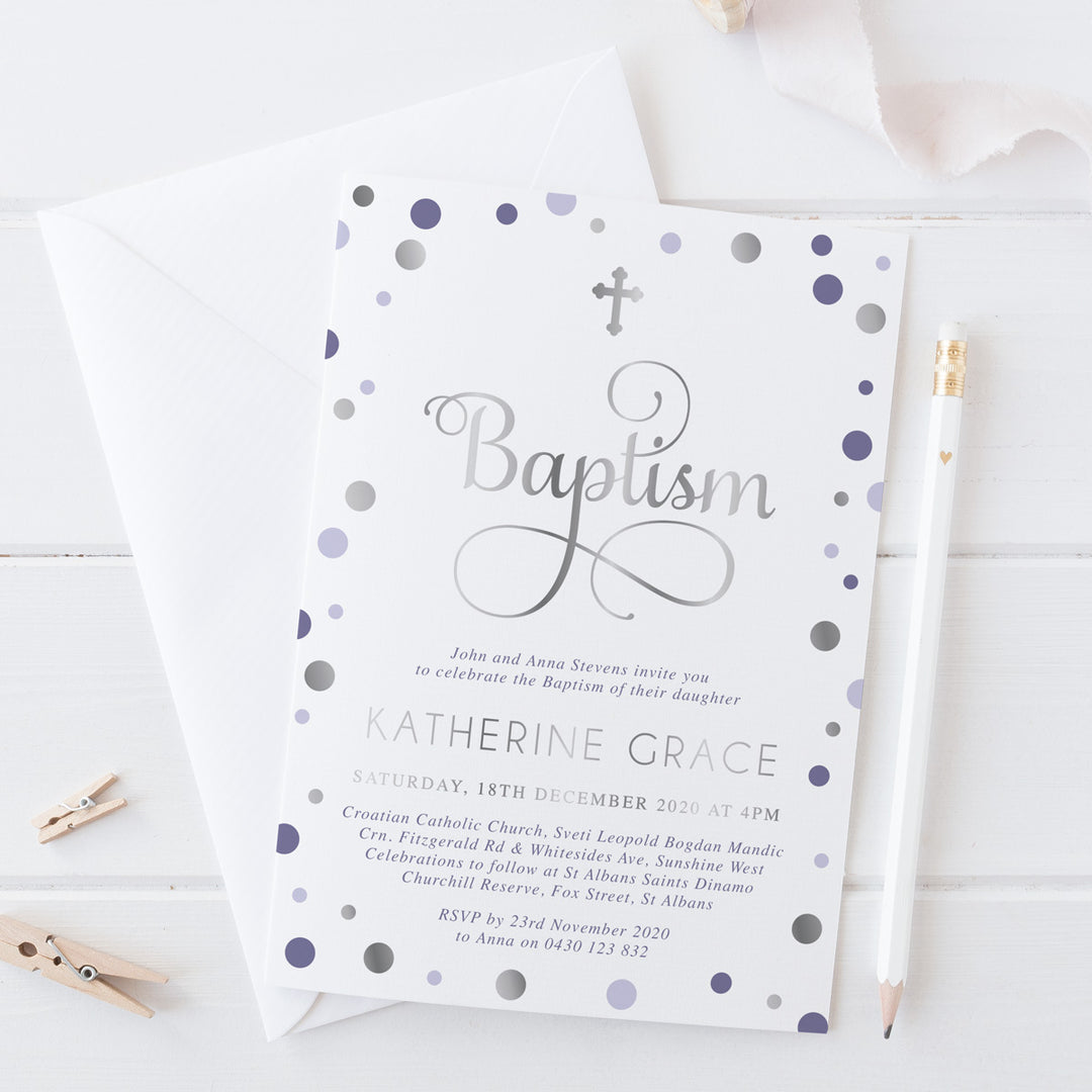 Girl baptism invitation with silver foil, purple colours, and calligraphy font Australia