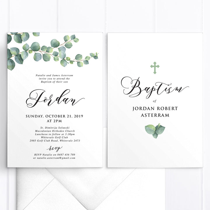 Baptism or Christening invitation for boy or girl featuring Eucalyptus leaves and catholic cross. Designed and printed in Australia or printable DIY invitation.