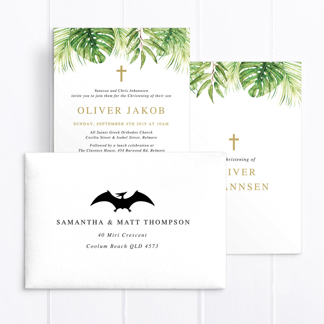 Boy Baptism or Christening invitation with safari animals in gold glitter and greenery border including monstera leaves. Single or double sided invitations Australia and New Zealand.