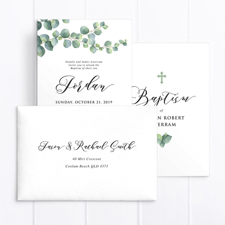 Baptism or Christening invitation for boy or girl featuring Eucalyptus leaves and catholic cross