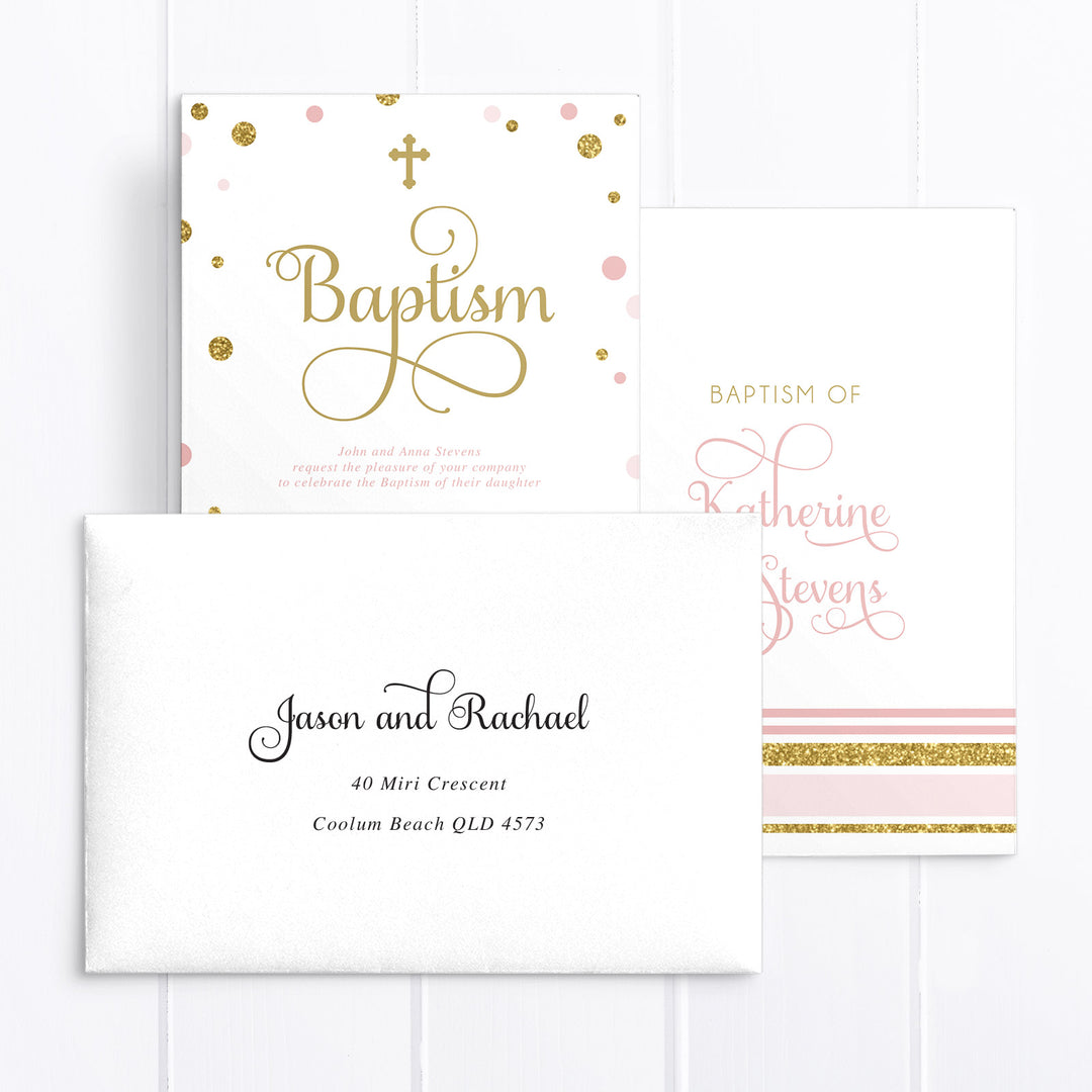 Baby pink and gold glitter girl baptism or christening invitation. Double sided with flourish calligraphy.
