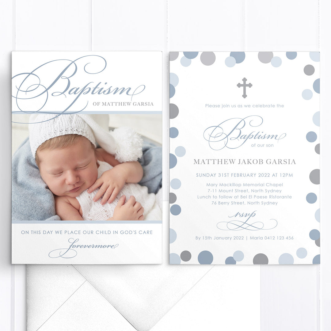 Baptism or Christening photo invitation for boys with traditional calligraphy and cross. Designed and printed in Australia or printable DIY invitations