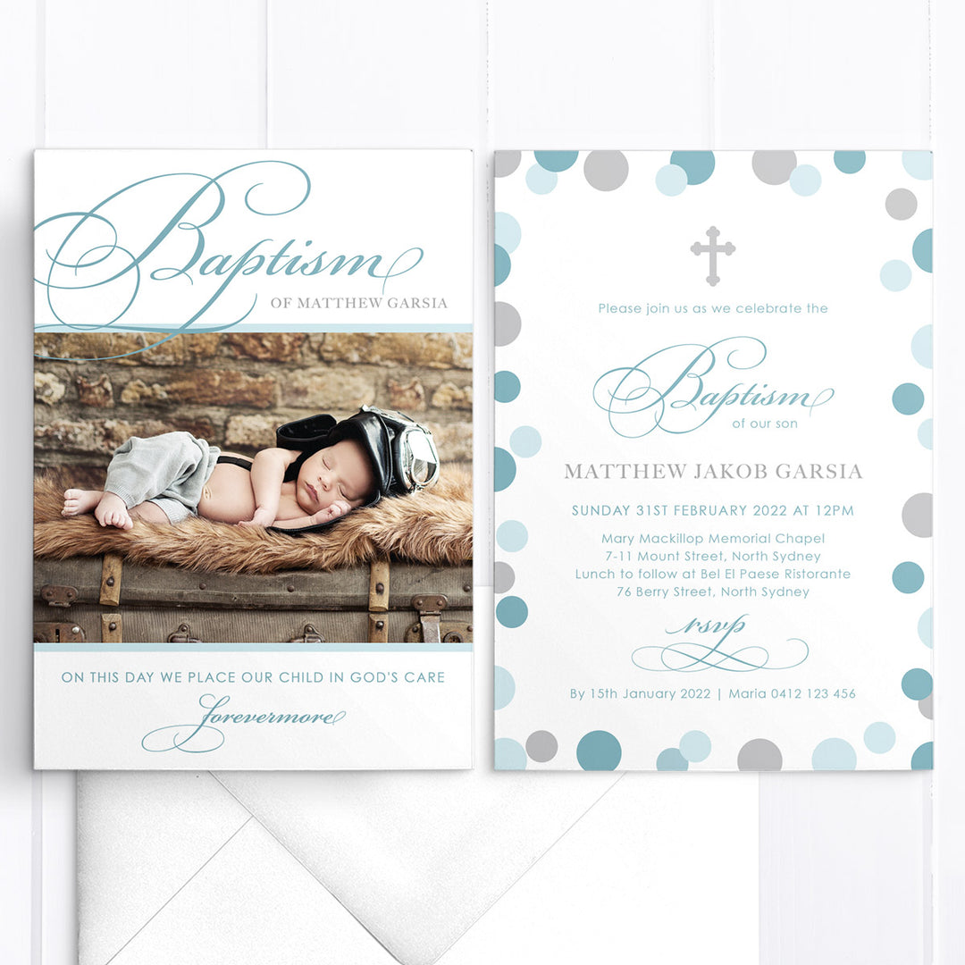 Baptism or Christening photo invitation for boys with traditional calligraphy and cross. Designed and printed in Australia or printable DIY invitations