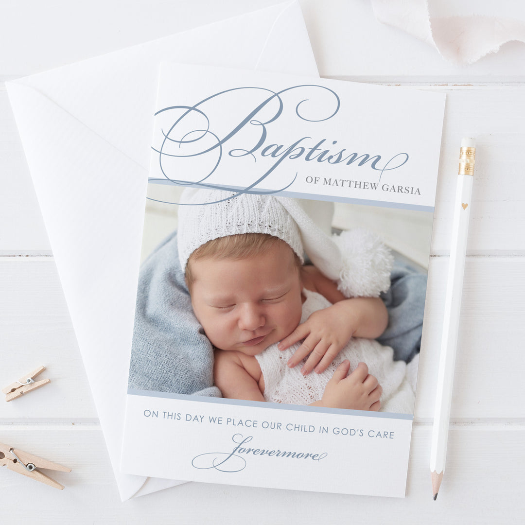 Baptism or Christening photo invitation for boys with traditional calligraphy and cross. Designed and printed in Australia or printable DIY invitations