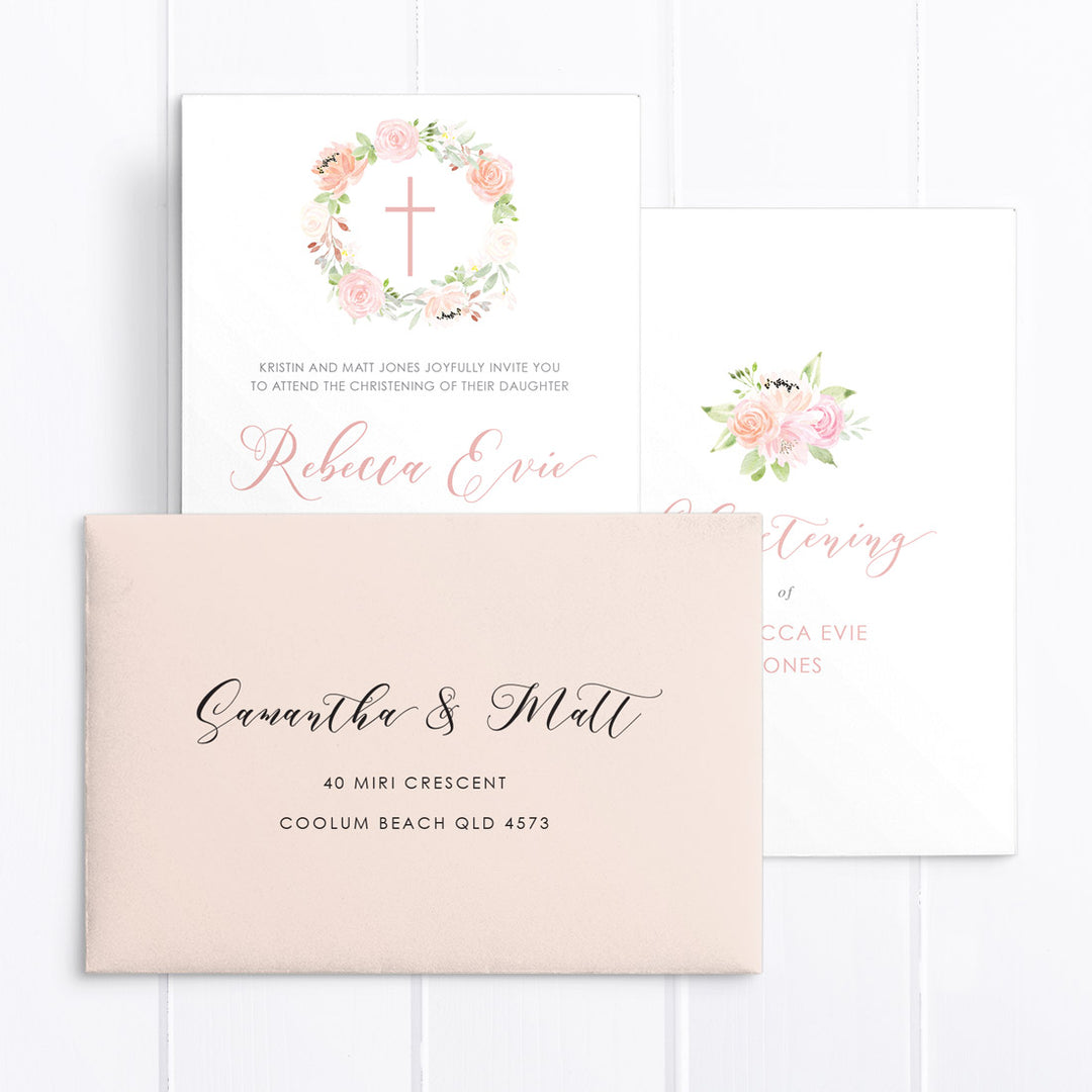 Blush pink floral wreath and calligraphy Baptism Christening invitation