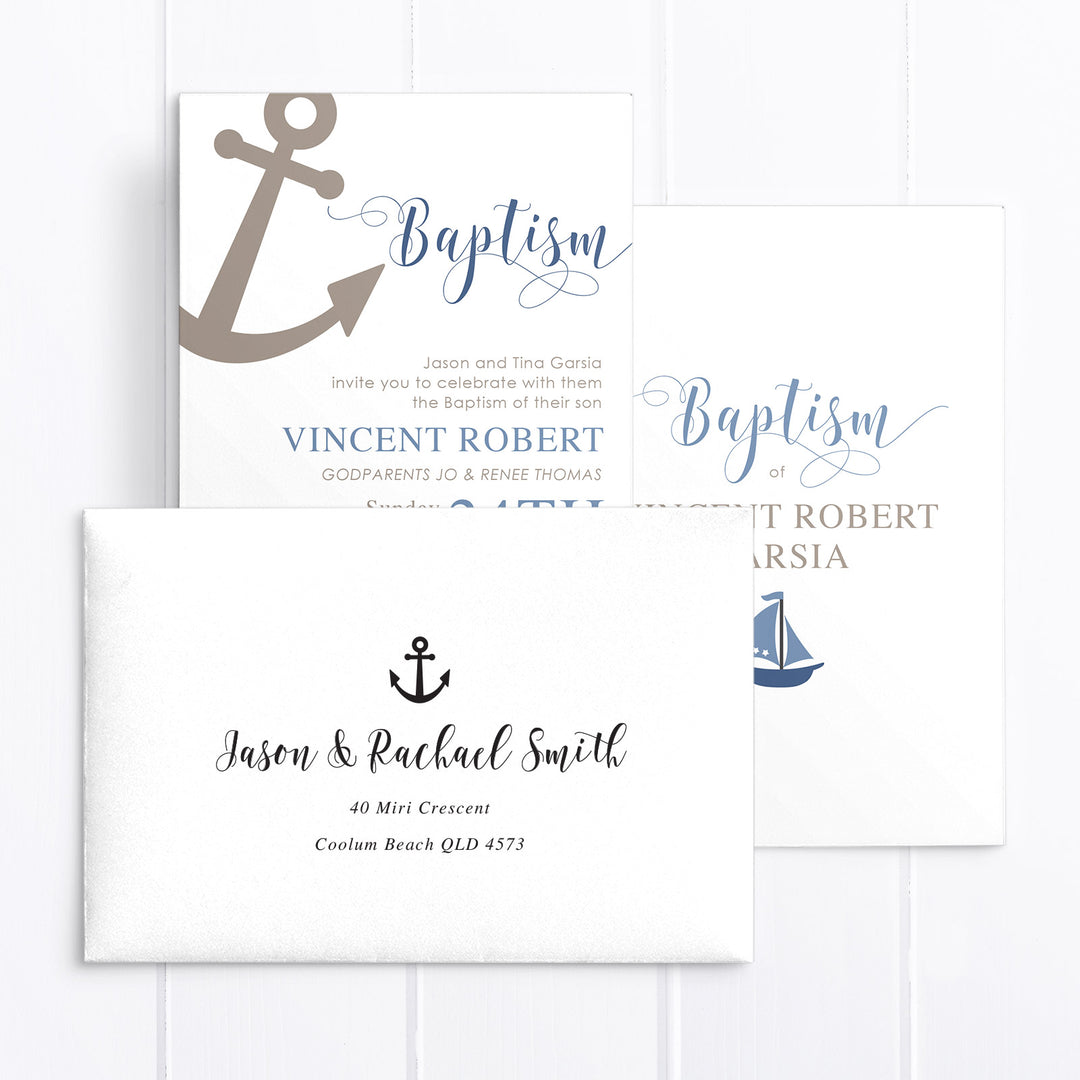 Nautical sailing boy baptism invitation with anchor and little boat, blue and chocolate brown colours