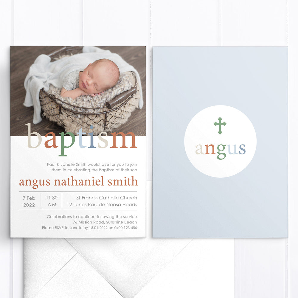 Boy Baptism or Christening invitation with photo and decorative cross. Designed and printed in Australia, or printable DIY Baptism invitation.