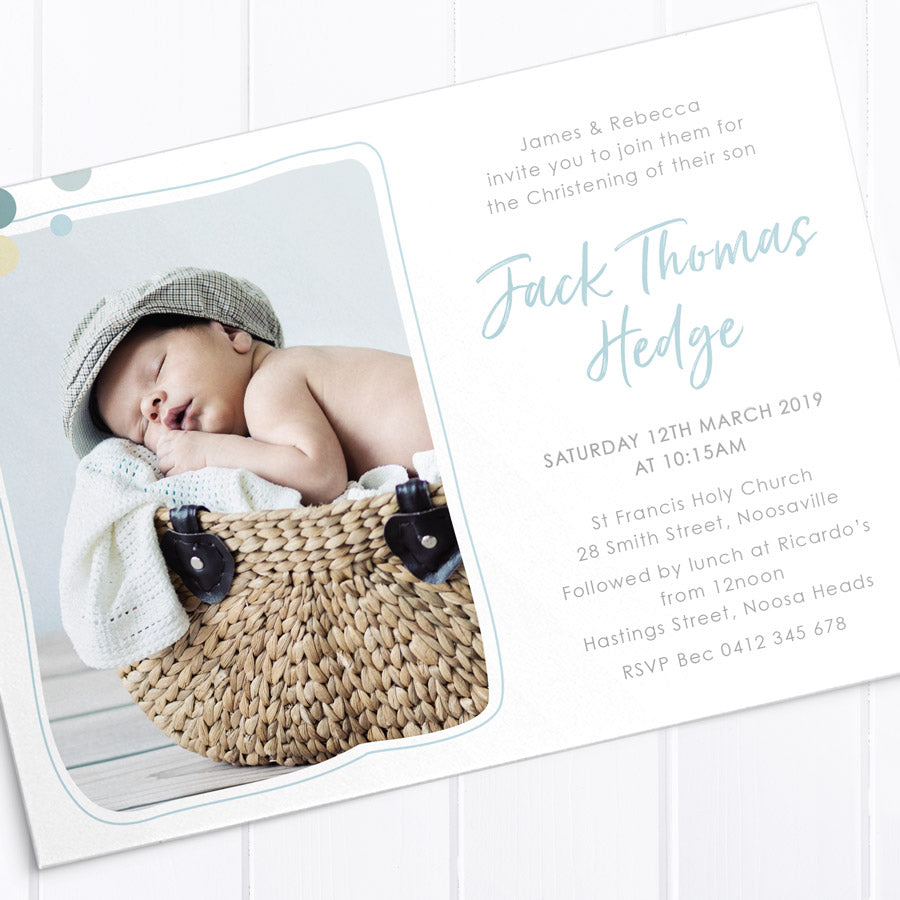 Modern boy or girl christening invitation using soft colours of mint , blue and chocolate, cross and a photo of your little boy