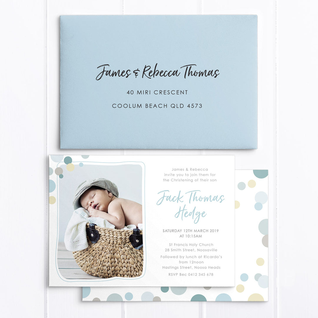 Modern boy or girl christening invitation using soft colours of mint , blue and chocolate, cross and a photo of your little boy