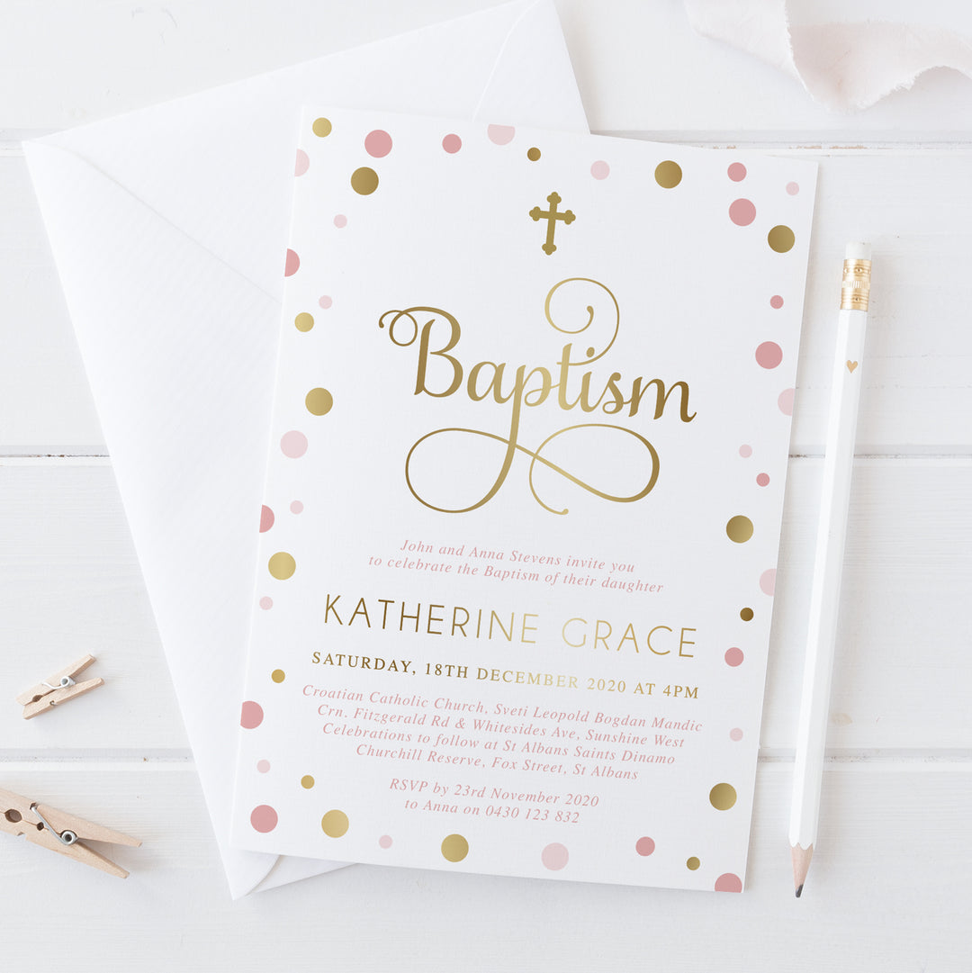 Girl Christening or Baptism Invitation with real gold foil and pink spots, beautiful calligraphy, professionally printed in Australia