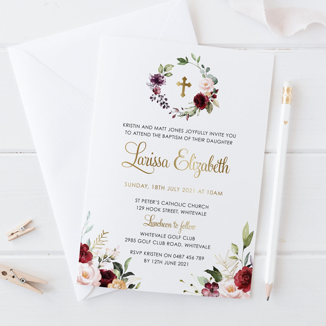 Girl Christening and Baptism Invitation with real gold foil, calligraphy and beautiful red floral wreath