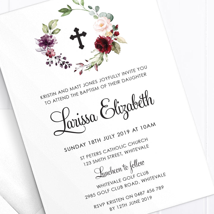 Girl christening or baptism invitation, double sided with black text, calligraphy font and beautiful watercolour florals