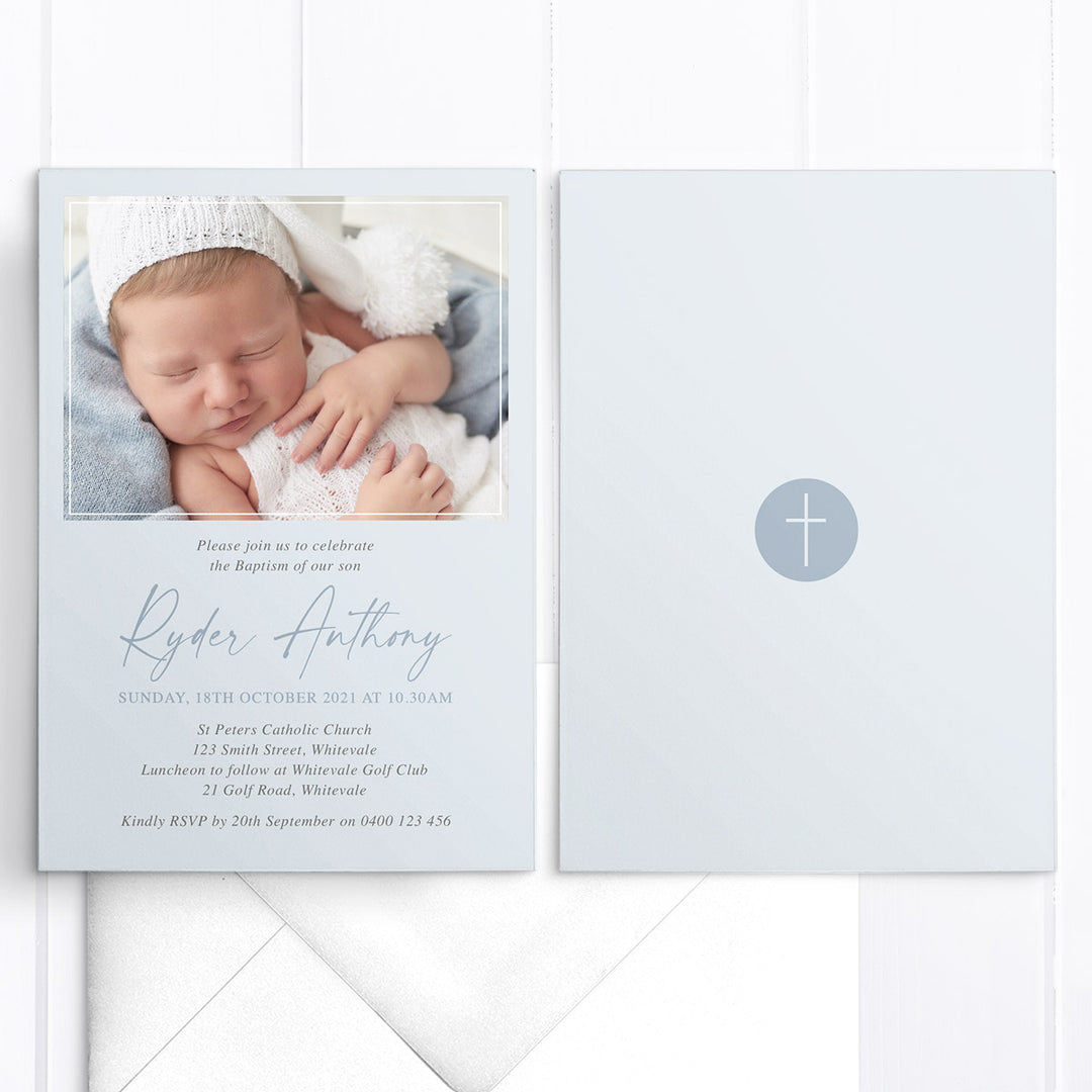 Boy Baptism or Christening invitation with a photo of your little boy at top and modern calligraphy font. Any colours to match photos. Australia and New Zealand.