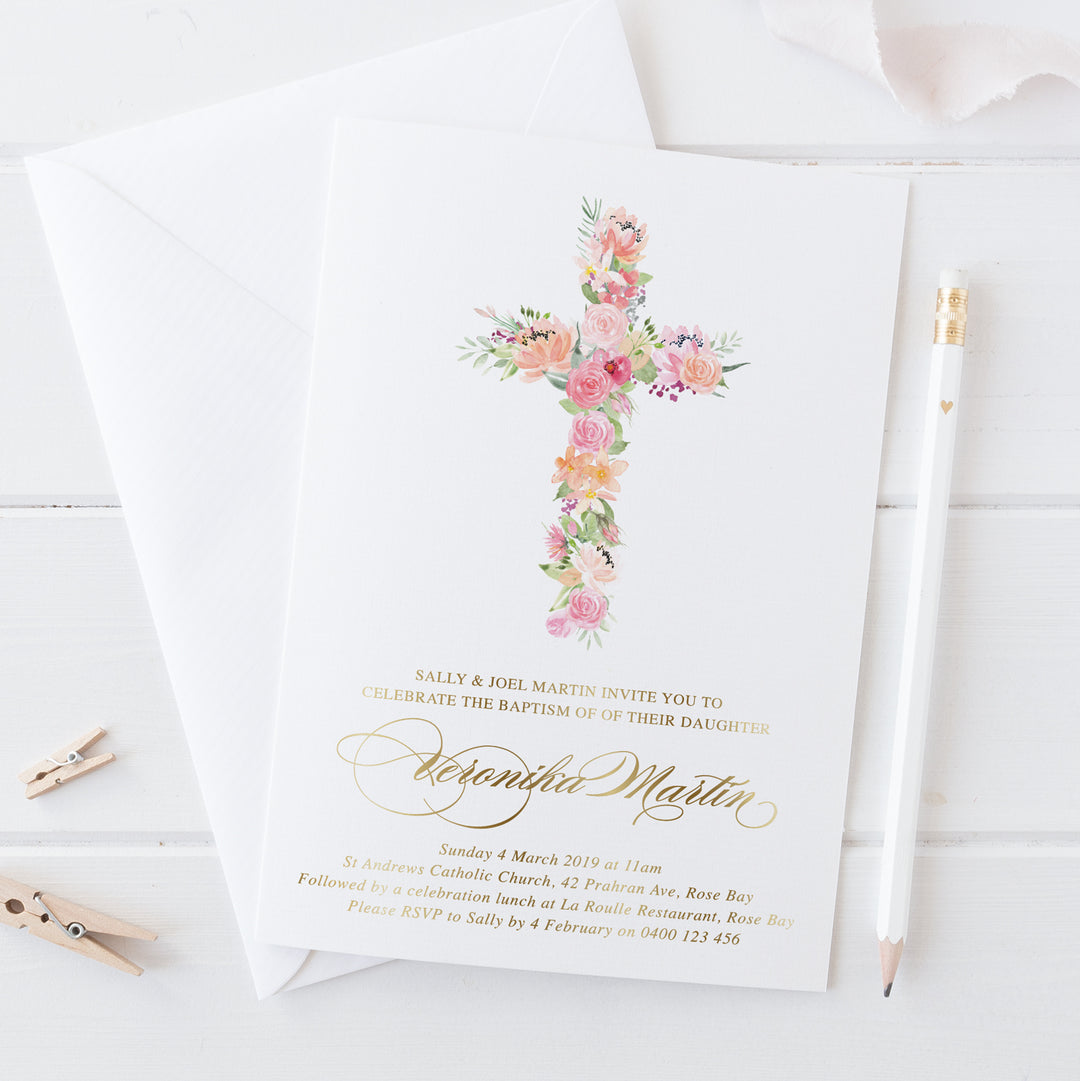 Girl Christening or Baptism Invitation with real gold foil, calligraphy and beautiful soft pink flowers around cross