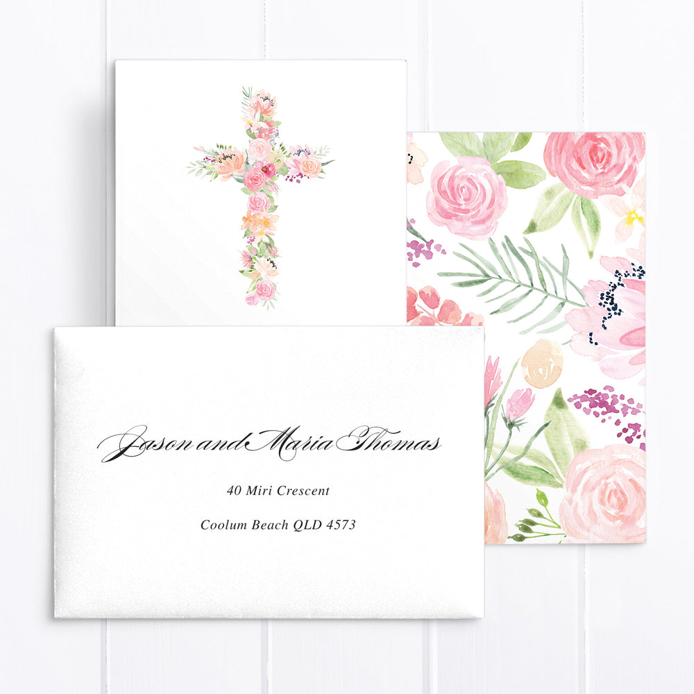 Stunning floral cross design, traditional calligraphy baptism invitation