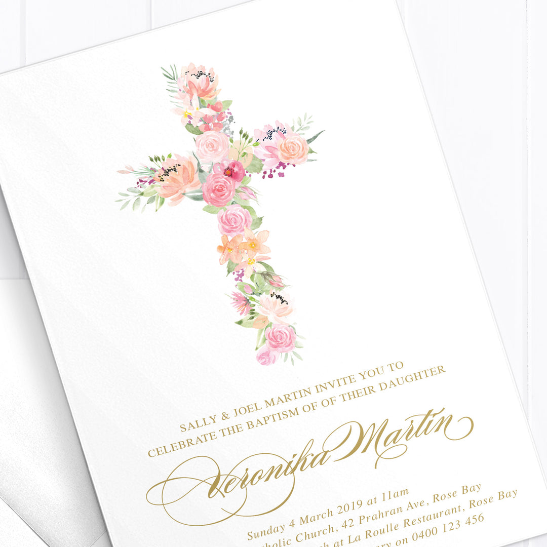 Stunning floral cross design, traditional calligraphy baptism invitation