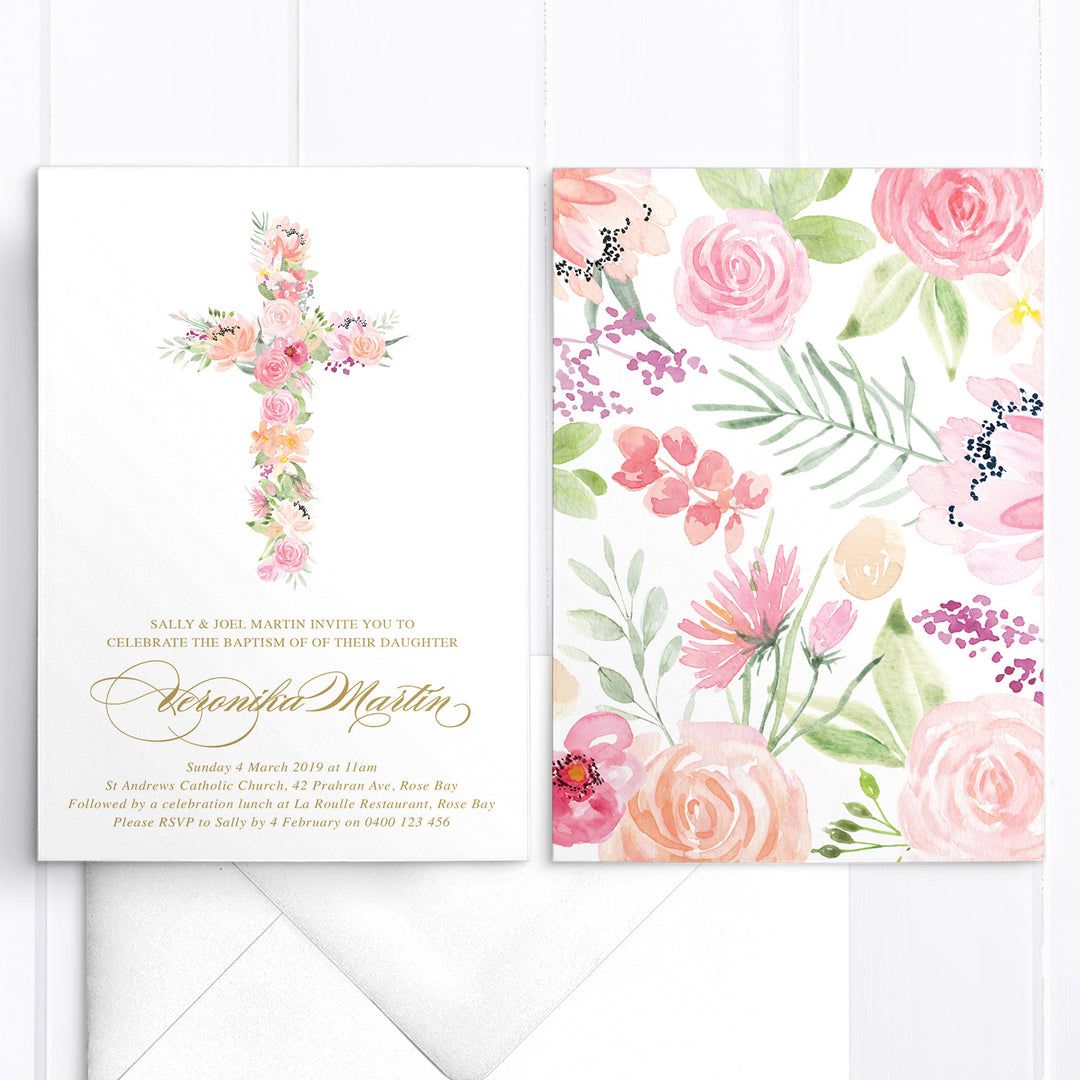 Stunning floral cross design, traditional calligraphy baptism invitation