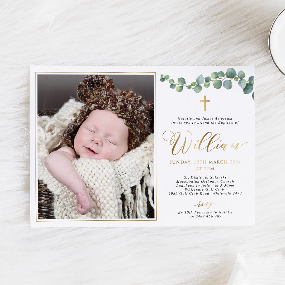 Gold foil baptism or christening invitation with eucalyptus leaves and a photo of your little boy.