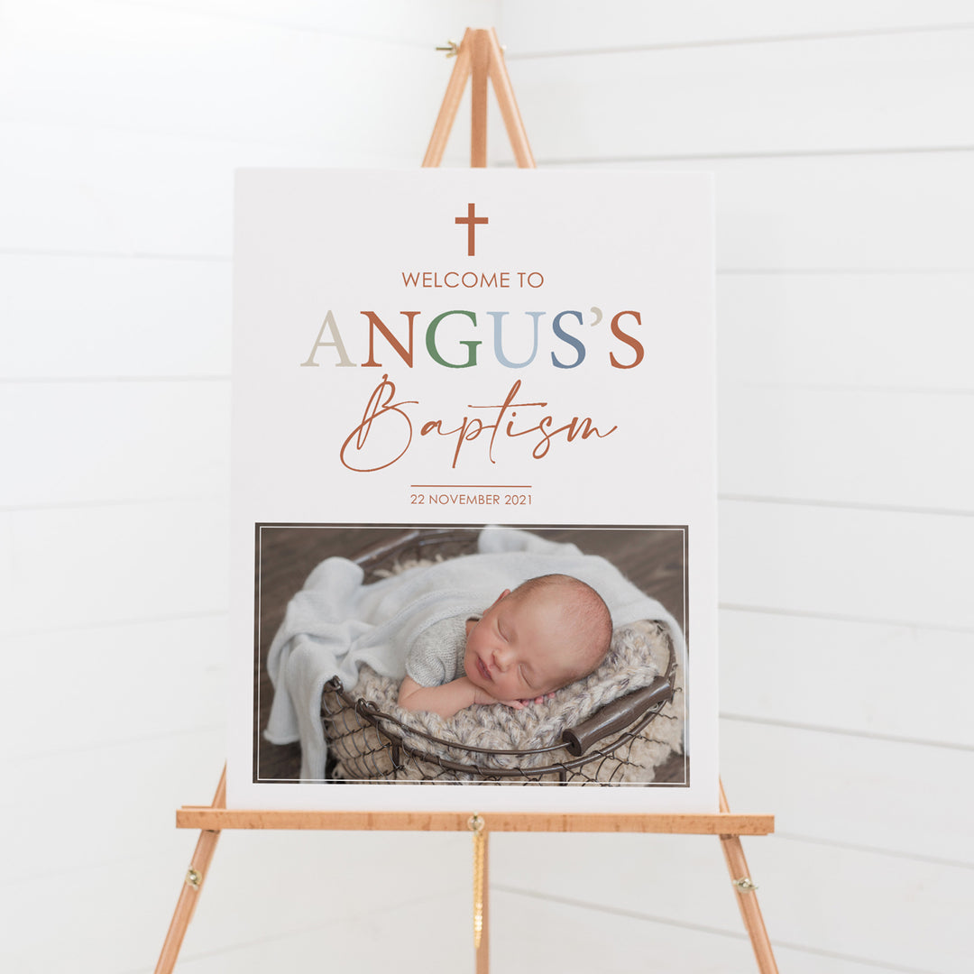 Baptism welcome sign for boys or girls including a photo, eucalyptus leaves and calligraphy. Printed in Australia on foamboard or printable DIY Baptism sign.