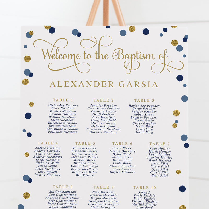 Baptism or Christening seating chart with navy and blue spots, gold glitter and modern calligraphy font