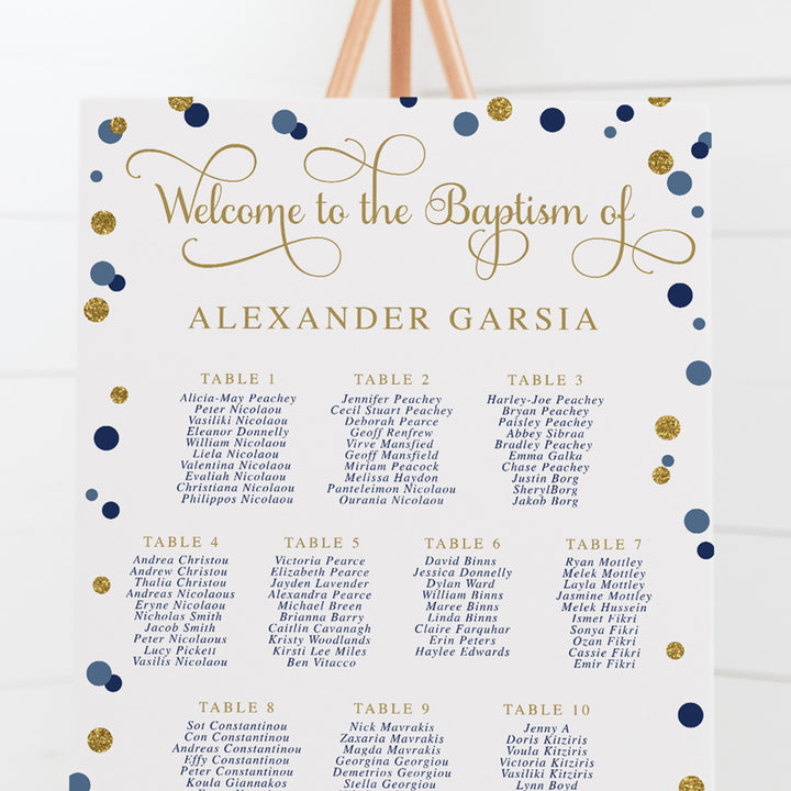 Baptism or Christening seating chart with navy and blue spots, gold glitter and modern calligraphy font