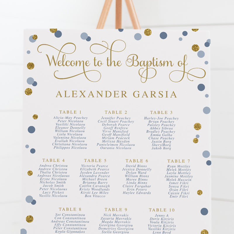 Baptism or Christening seating chart with navy and blue spots, gold glitter and modern calligraphy font