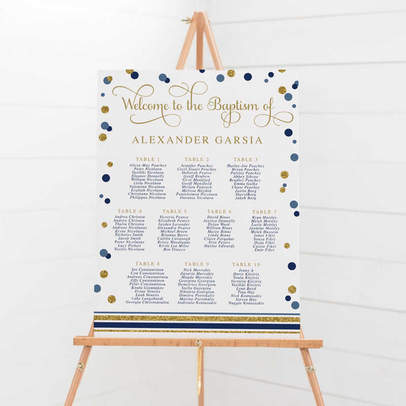 Baptism or Christening seating chart with navy and blue spots, gold glitter and modern calligraphy font