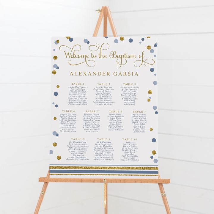 Baptism or Christening seating chart with navy and blue spots, gold glitter and modern calligraphy font